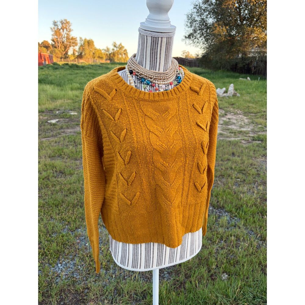 Moral Fiber Tumeric Colored Sweater Crew Neck Waffle Sleeves
